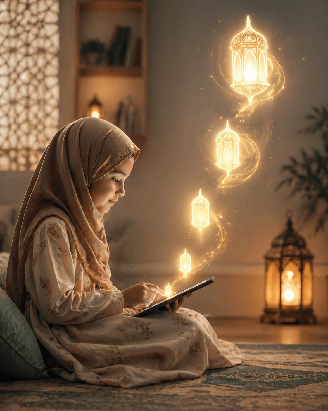 A learner reading with glowing lanterns rising above the page