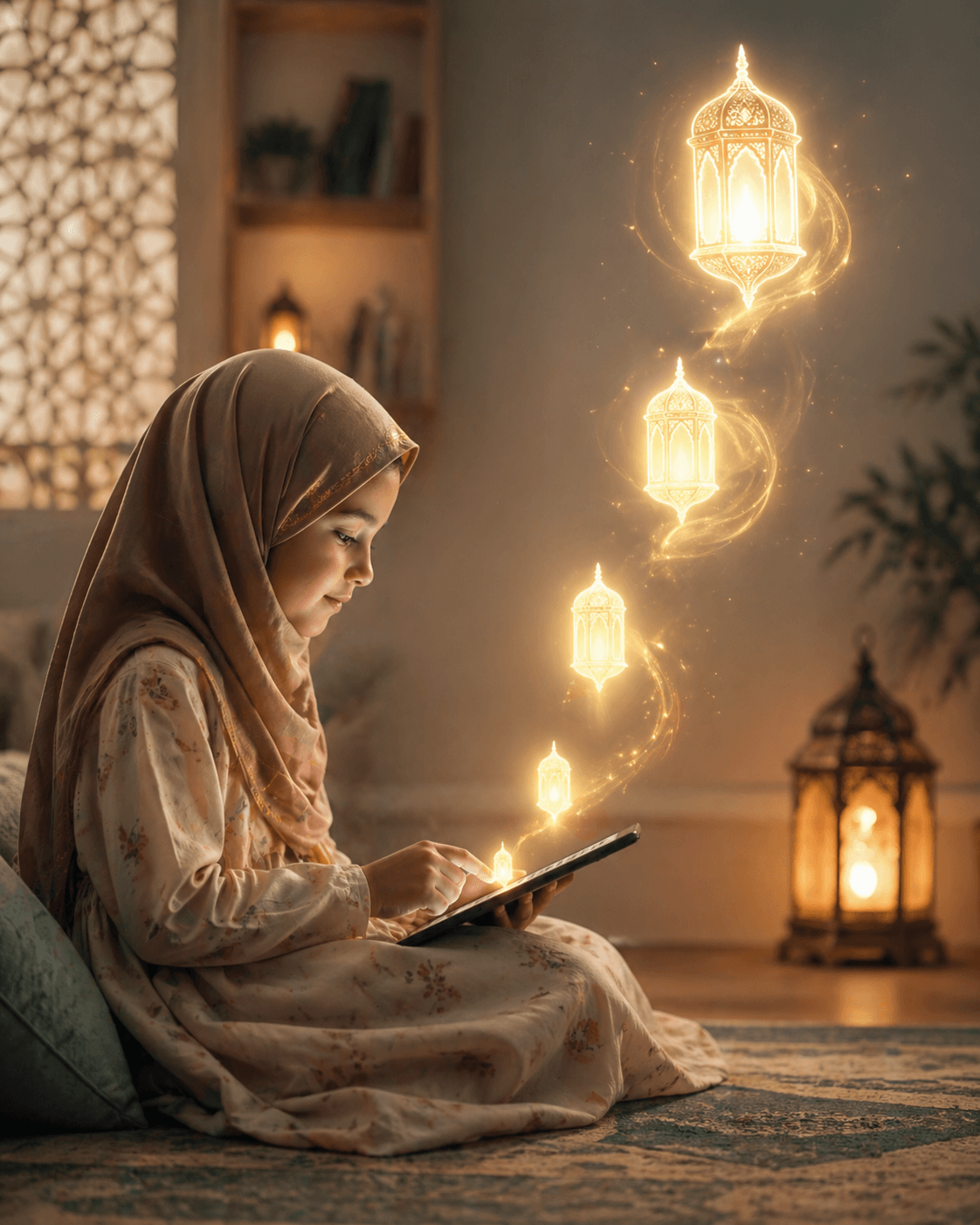 A learner reading with glowing lanterns rising above the page