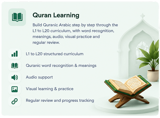 Quranic Arabic Learning - L1 to L20 curriculum, Quranic word recognition, meanings, audio support, visual learning, writing practice, word joining and review.